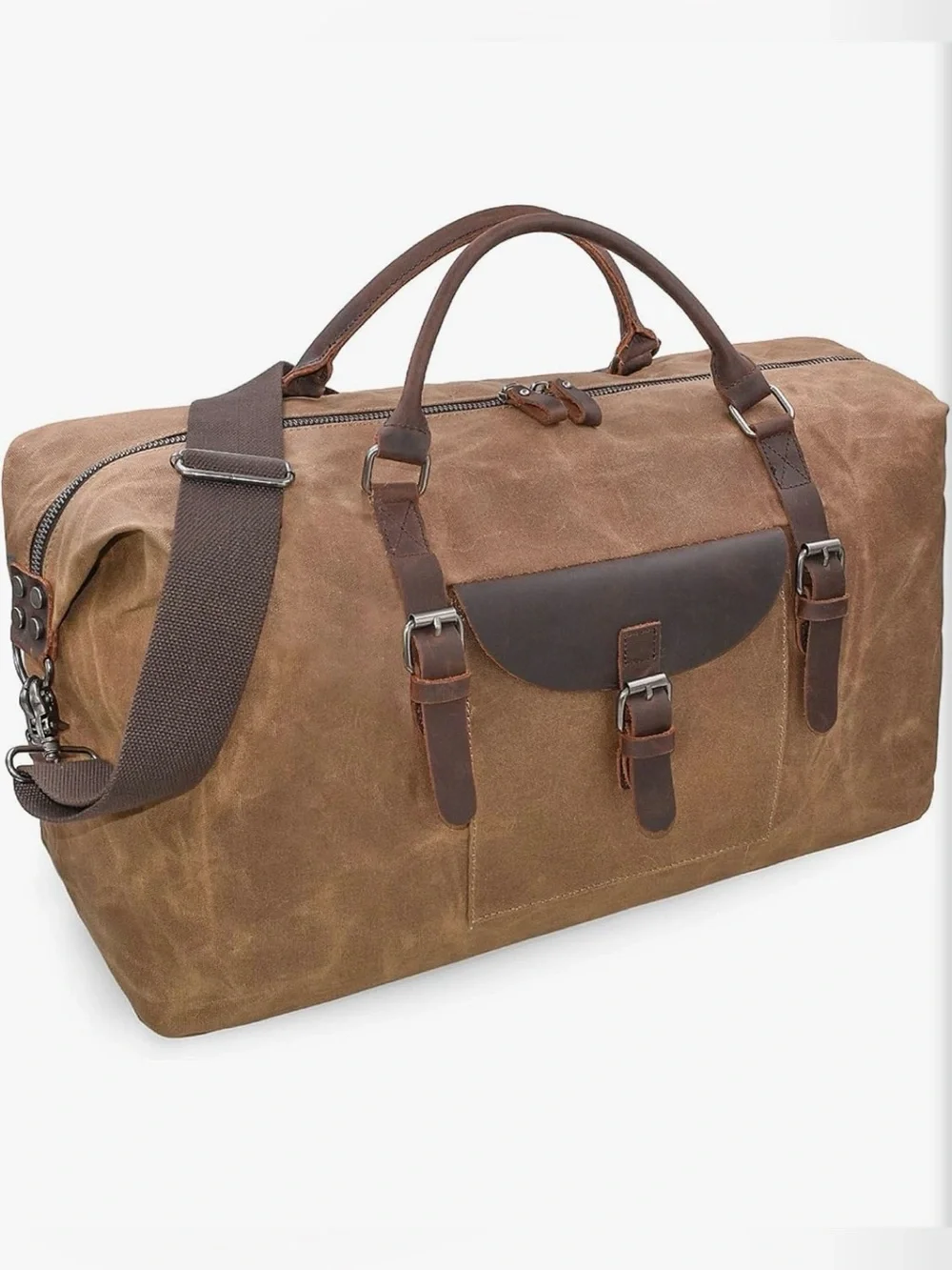 NEWHEY 55L Waxed Canvas & Leather Weekender Duffel Bag Brown